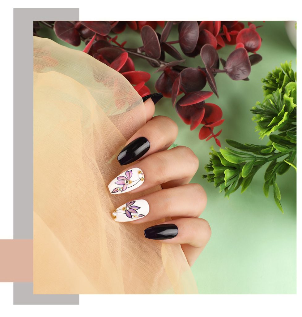 Black Nails with a Floral Twist - The Nail Shop